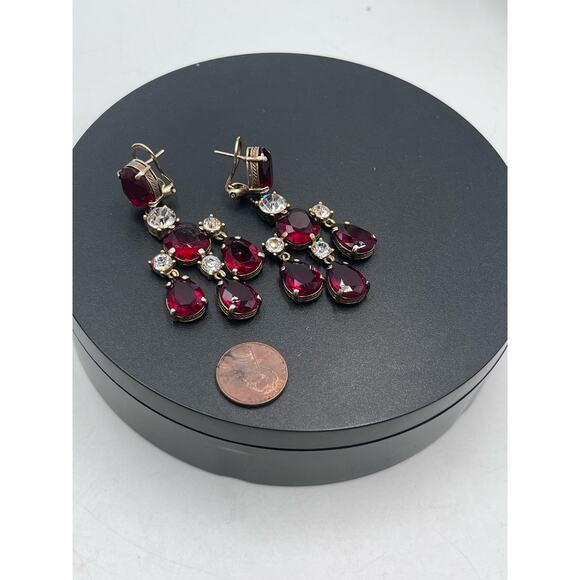 Beautiful Vintage Signed Red Clear Rhinestone Chandelier Clip On Earrings - Picture 13 of 16